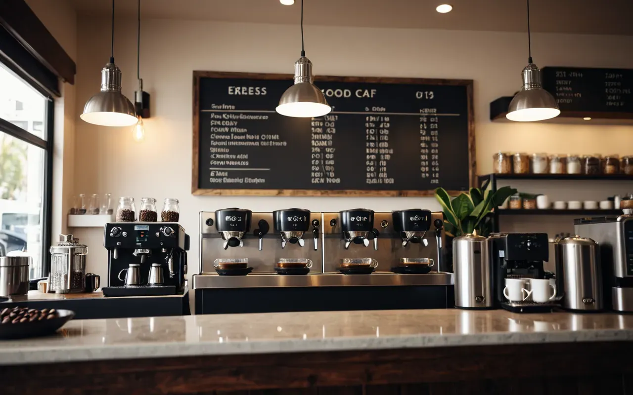 Interior shot of a clean modern cafe counter with stainless steel espresso machines and glass jars filled with coffee beans under warm pendant lighting