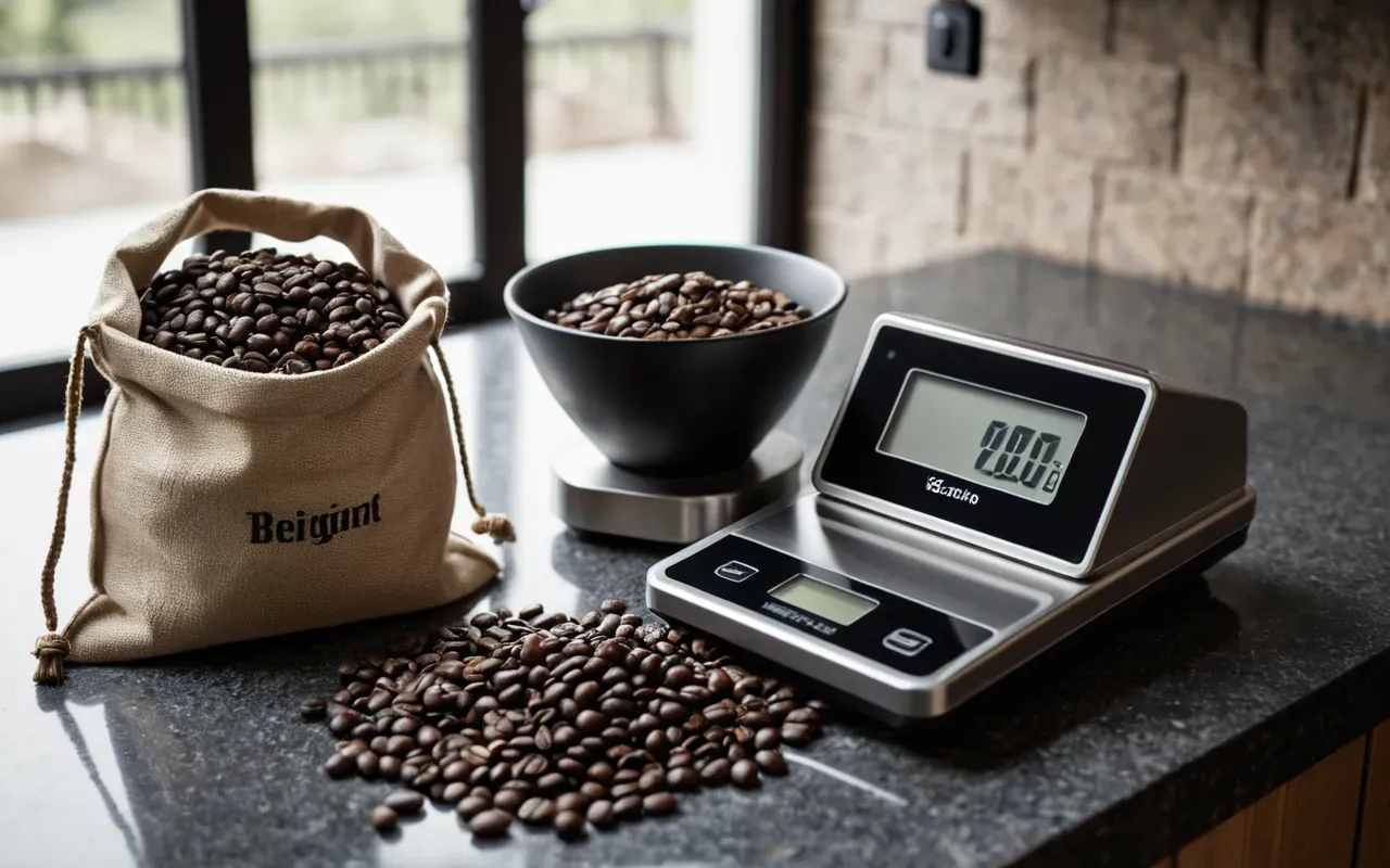 Overhead shot of a modern kitchen countertop with an open bag of coffee beans and a digital scale displaying weight measurement in soft natural lighting conditions