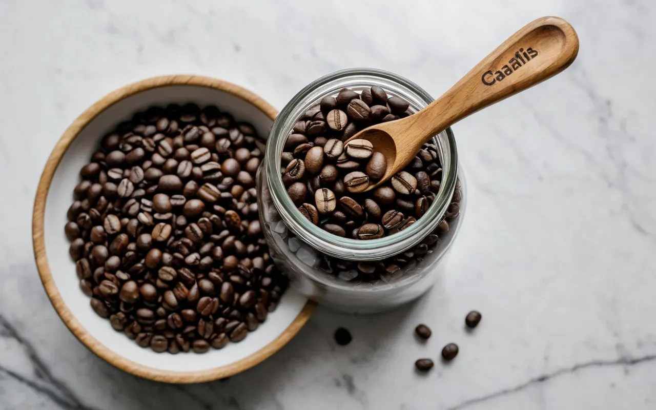 Overhead shot of fresh roasted coffee beans in a glass jar next to a wooden scoop on a clean marble counter