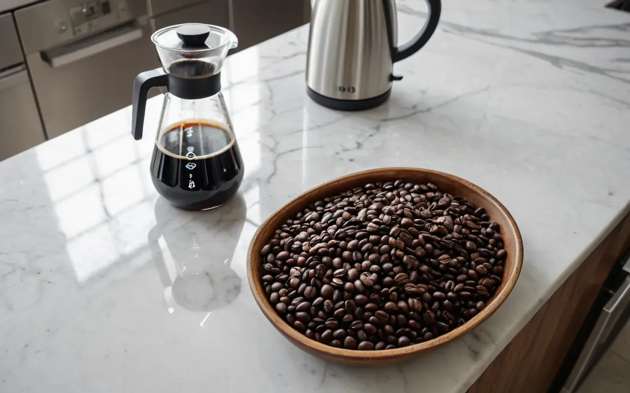 Overhead view of a modern kitchen counter with a glass carafe filled with freshly brewed coffee and scattered roasted beans on marble surface, soft morning light from left side
