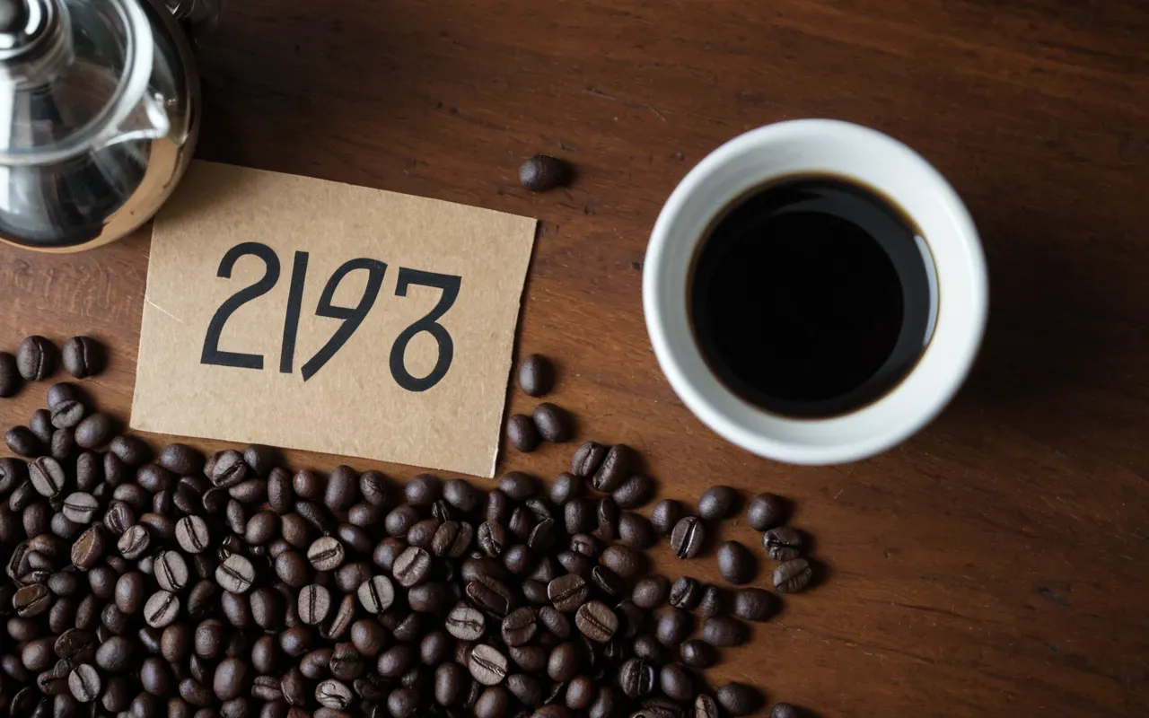 Overhead view of a wooden table with scattered coffee beans and a small glass carafe filled with dark liquid.