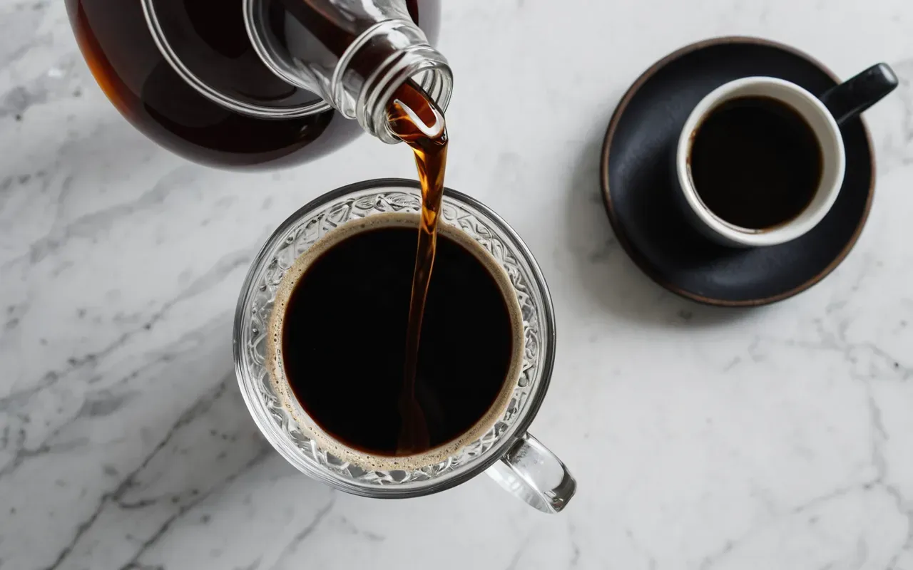 glass carafe pour over Top down view of a glass carafe pouring coffee into a clear cup on a white marble countertop with soft shadows and minimal styling