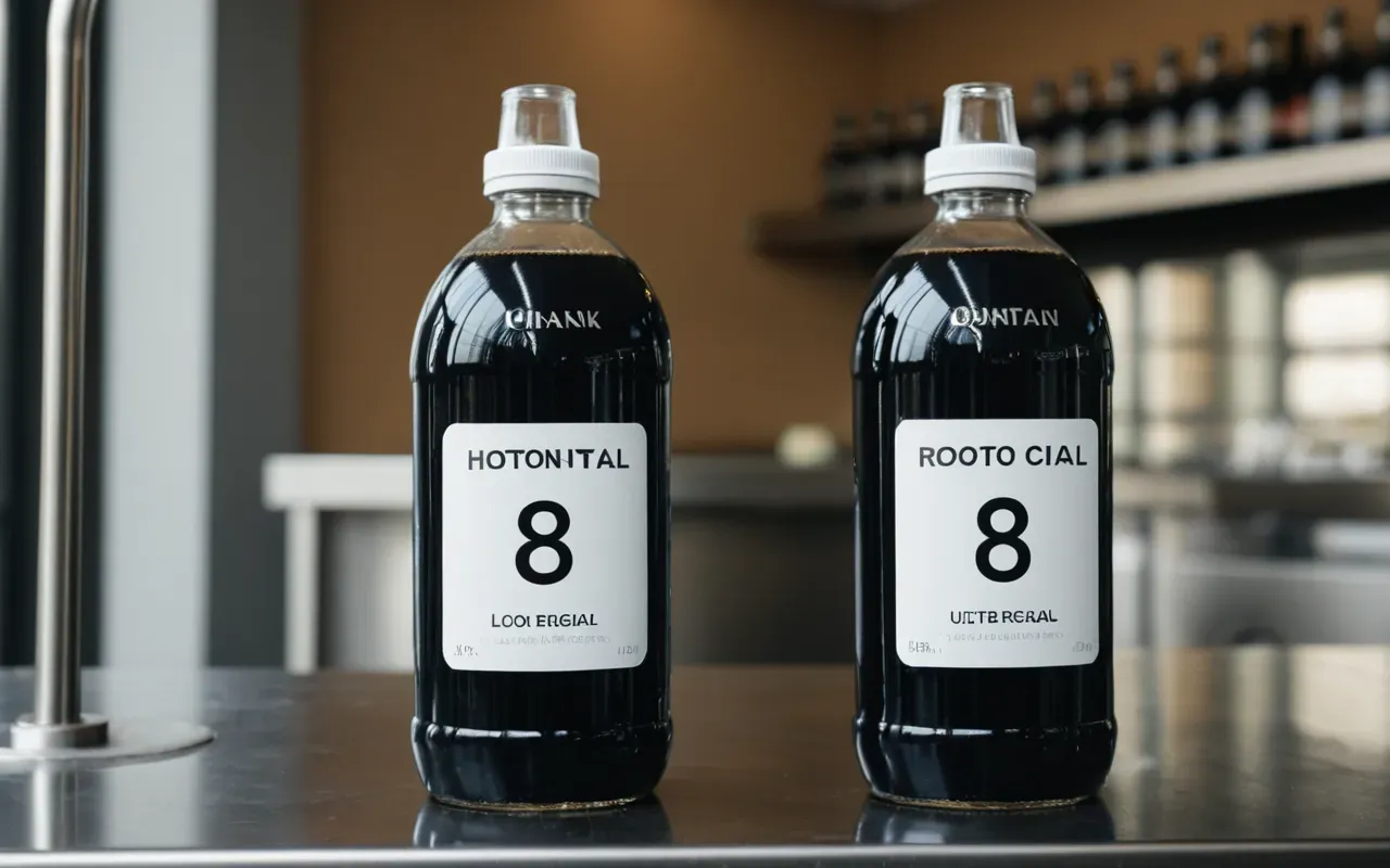 bottled energy drinks Two clear plastic bottles filled with dark liquid sitting on a stainless steel counter. One bottle has a white cap and the other is open.