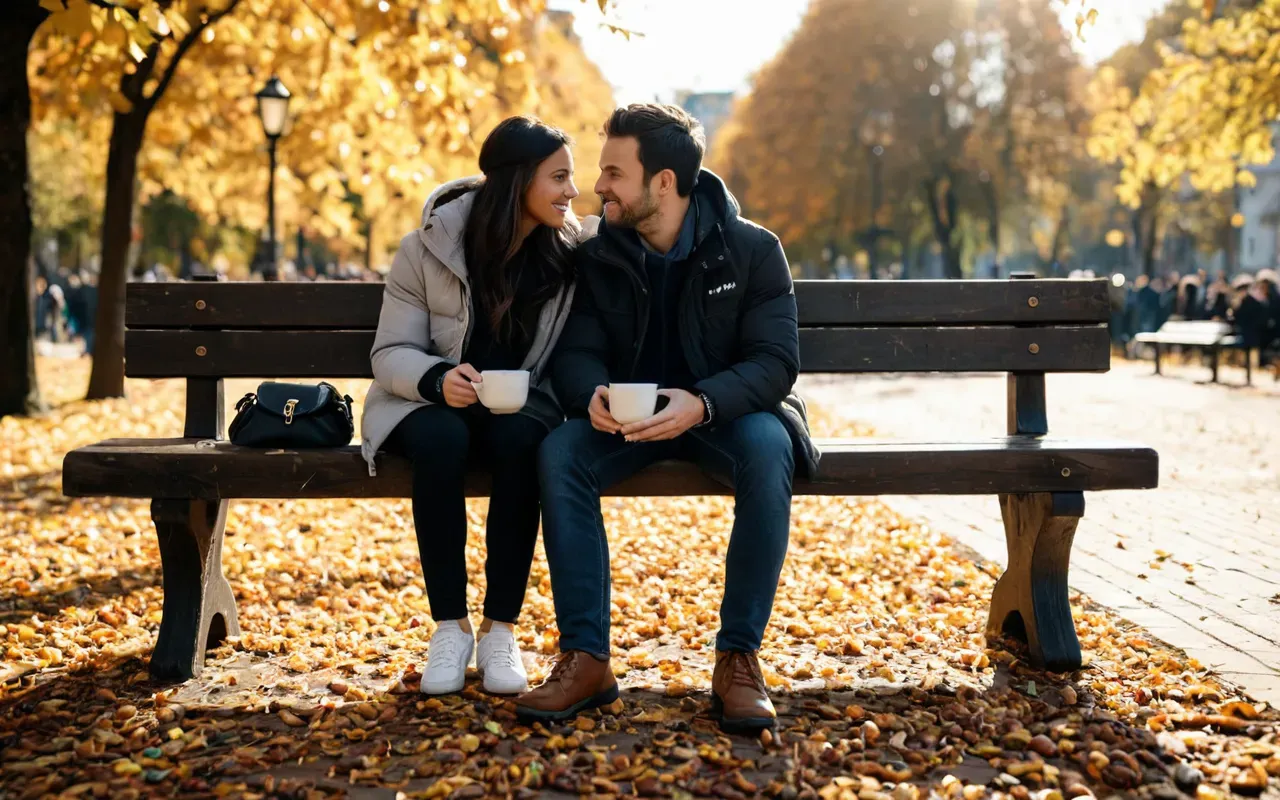 Two close friends sitting on a wooden bench in a sunlit park with two ceramic coffee cups between them and autumn leaves scattered around their feet