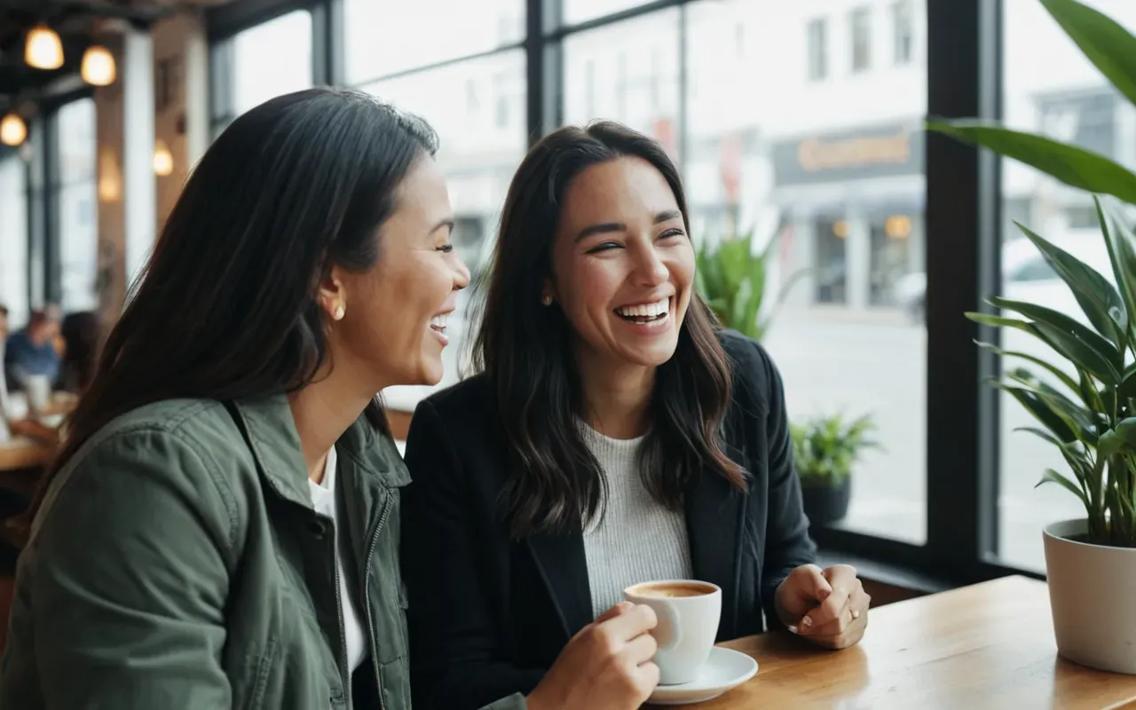 Two people laughing and talking over a coffee cup in a bright modern cafe with large windows and plants