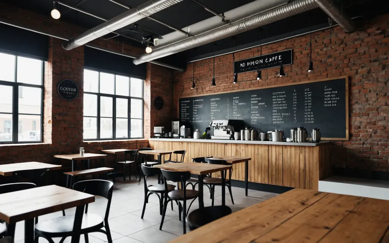 modern minimalist cafe Wide angle shot of a modern minimalist cafe interior with industrial brick walls wooden tables and large windows letting in bright daylight