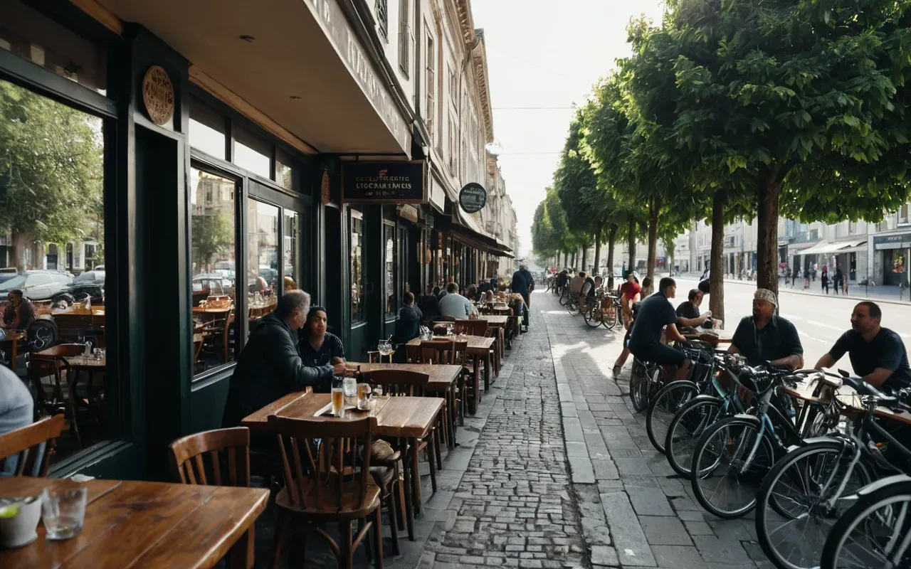 Wide angle shot of people sitting at wooden tables in a sunlit cafe with large windows looking out onto a street with parked bicycles and trees, natural daylight streaming in