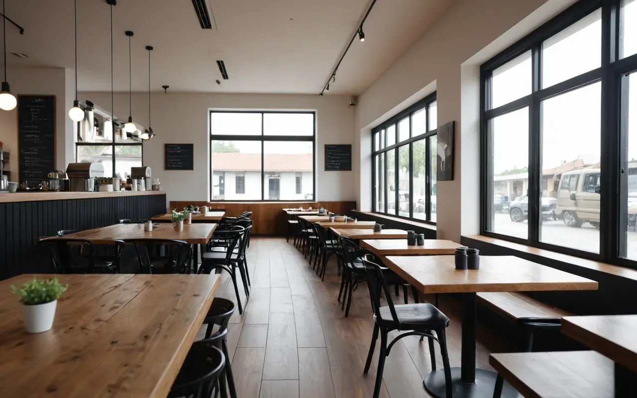 Wide shot of a modern minimalist cafe interior with large windows letting in soft natural daylight and simple wooden tables arranged neatly.