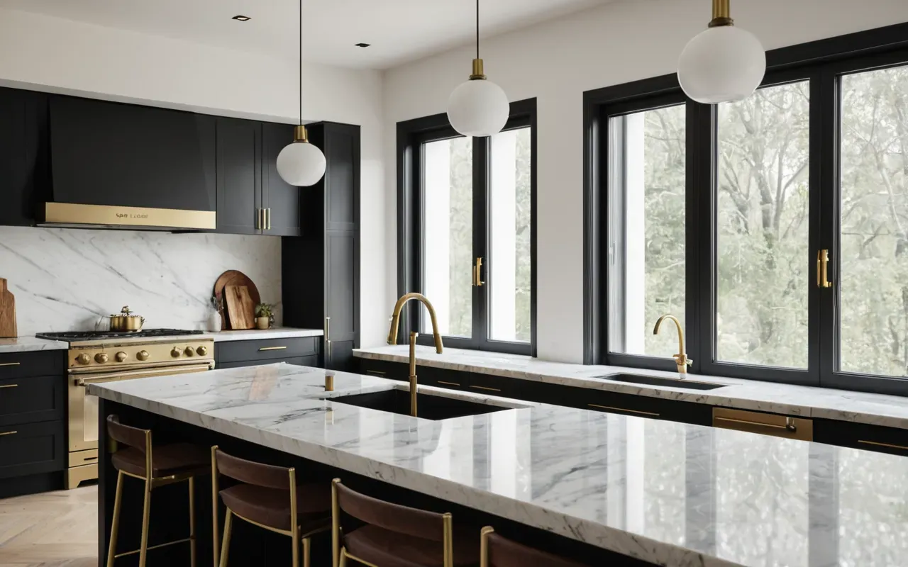 Wide shot of a modern minimalist kitchen interior with marble countertops and brushed brass fixtures. Soft natural daylight streams through large windows illuminating a single ceramic mug on the counter.