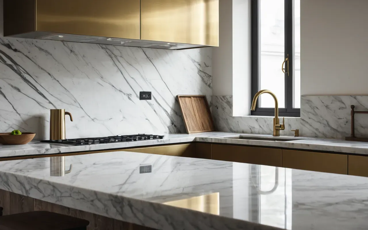 Wide shot of a modern minimalist kitchen interior with marble countertops and brushed brass fixtures illuminated by soft natural daylight.