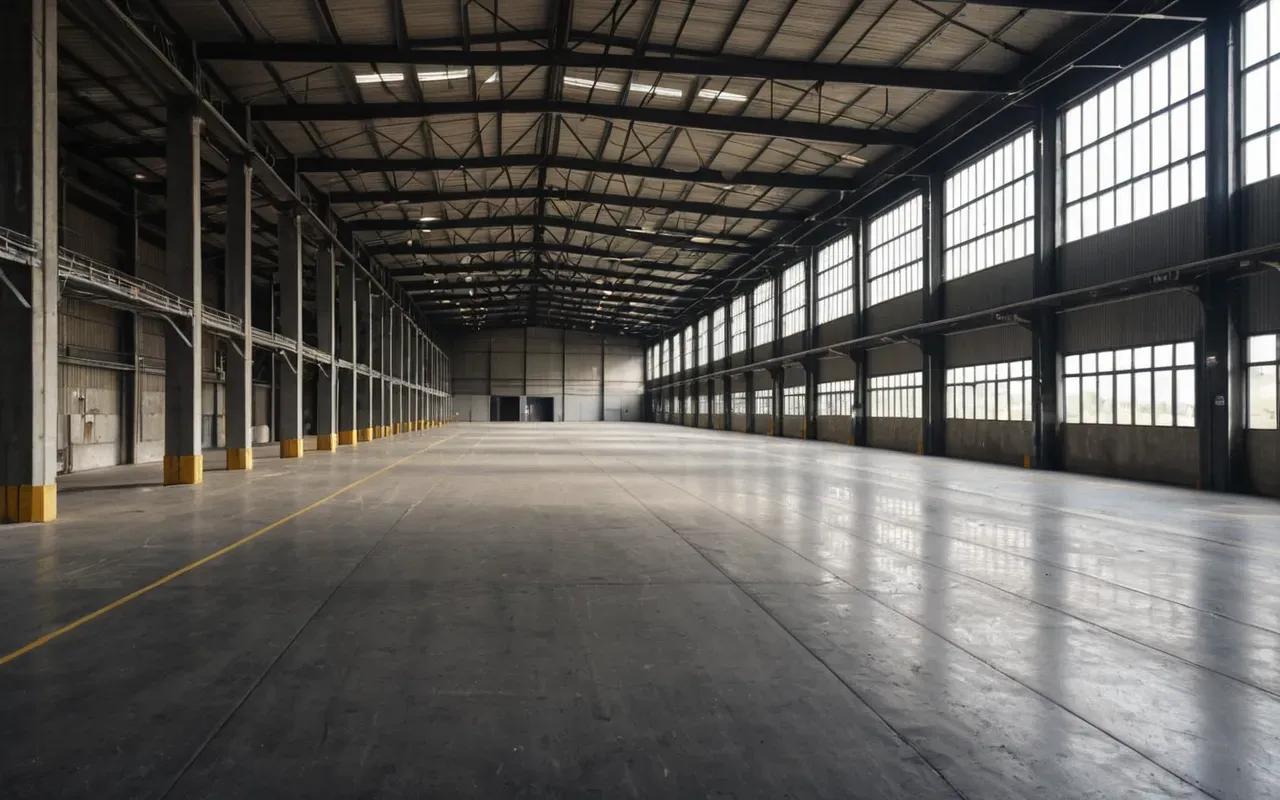 Wide shot of an empty industrial warehouse space with large windows letting in soft natural light, concrete floor and metal beams, editorial photography style