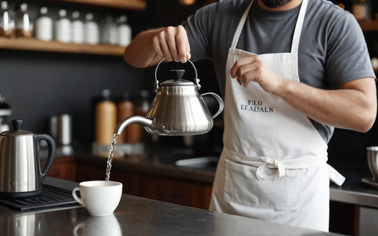A barista in a white apron pouring hot water from a gooseneck kettle into a glass carafe on a stainless steel counter.