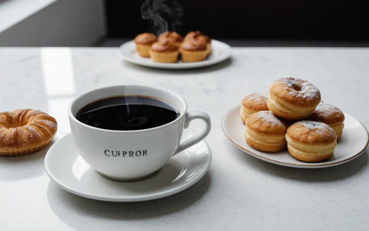 A ceramic cup filled with dark amber liquid steam rising next to a small plate of pastries on a clean white surface.