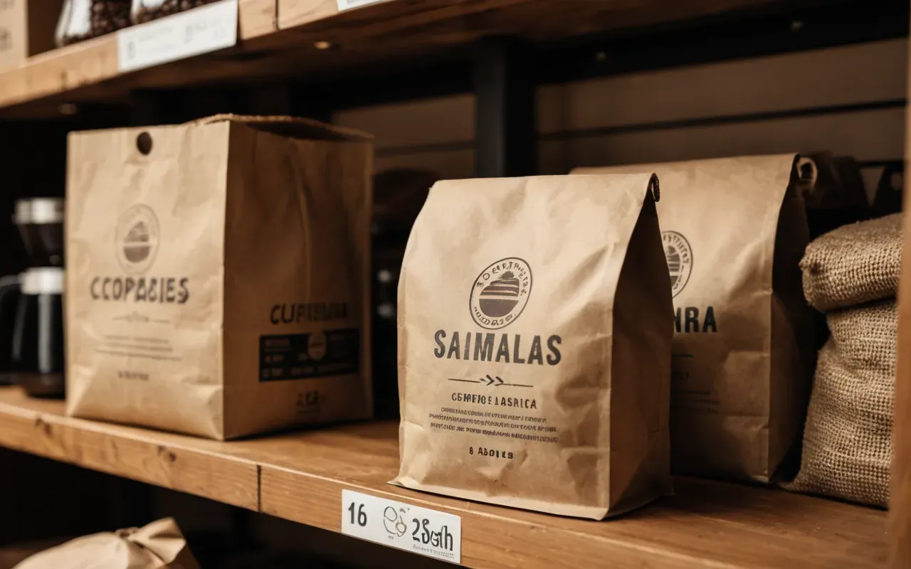 A close up of a coffee bag on a shelf with other bags blurred in the background focusing on the texture of the paper packaging and warm ambient lighting.