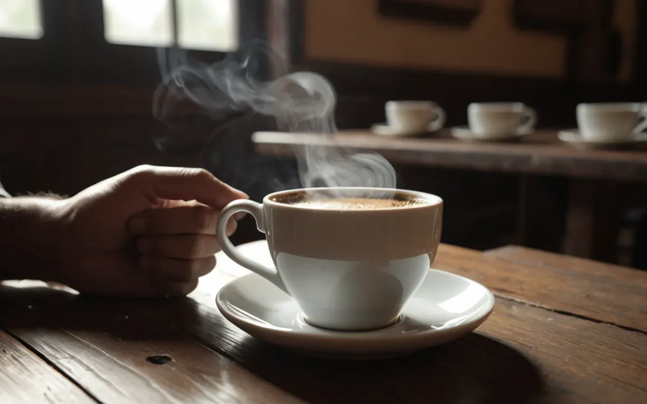 A close-up of a hand holding a glass cup filled with dark coffee, steam rising gently in soft morning light on a wooden table.