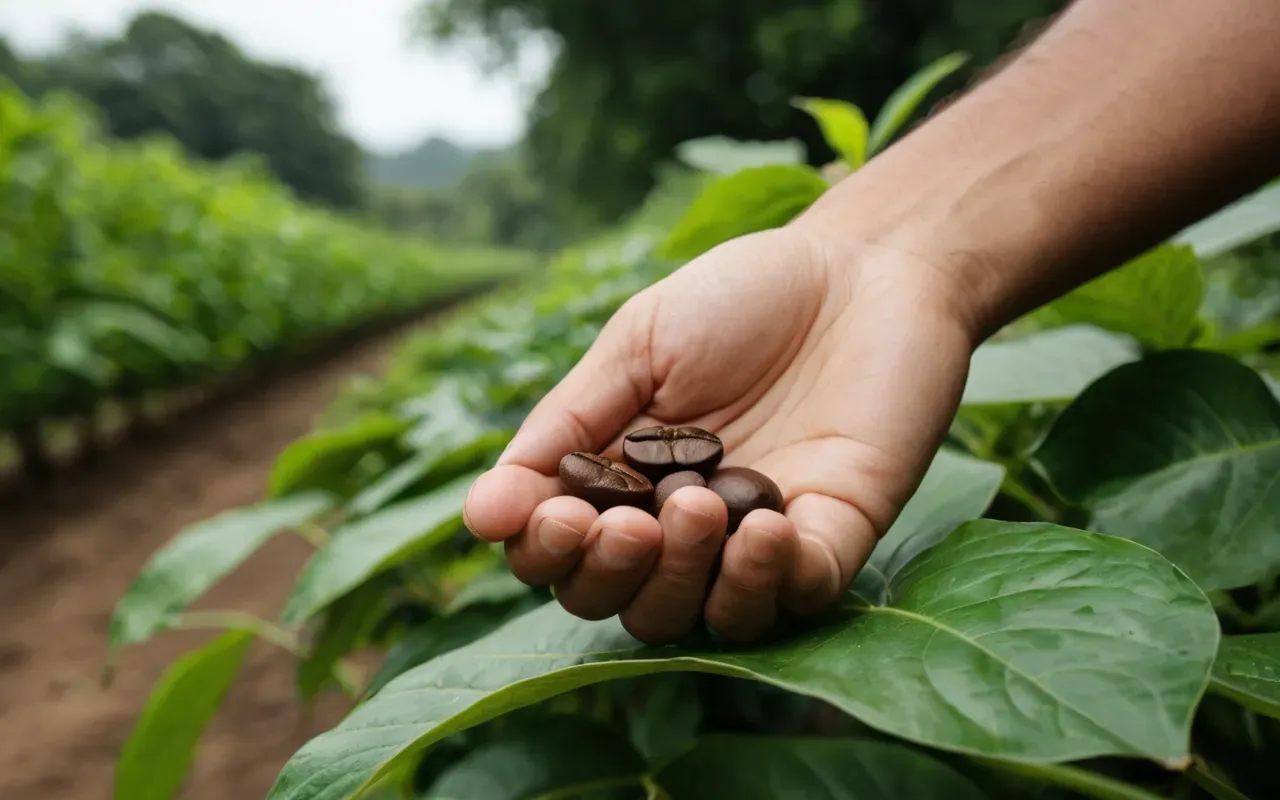 coffee bean inspection technique A close-up of a hand holding a single large brown coffee bean between thumb and index finger against a blurred background of green leaves.