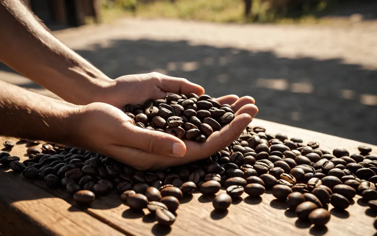 A close-up of a hand holding several different coffee beans on a wooden table with warm morning sunlight casting long shadows across the surface.
