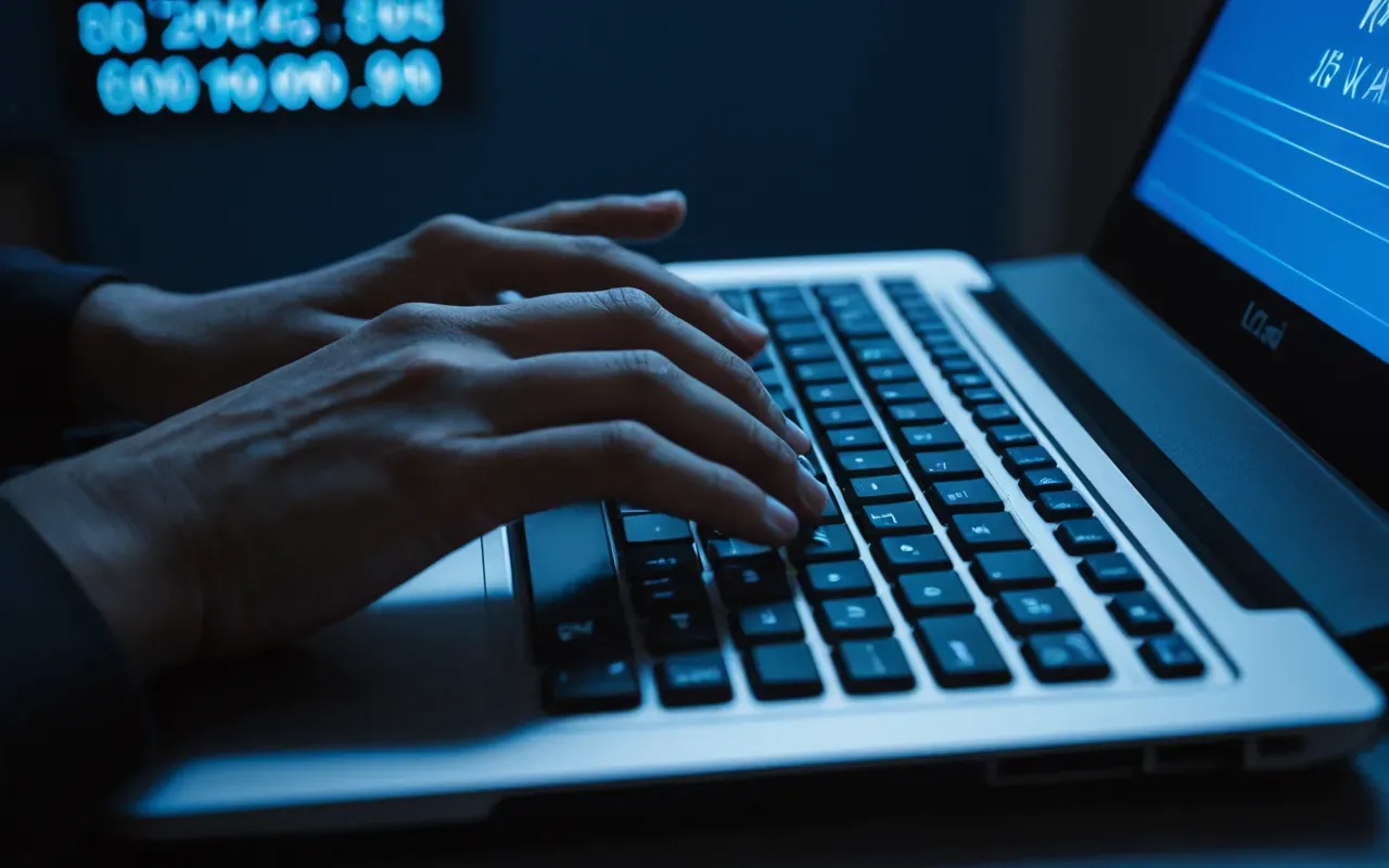 digital interaction scene A close up of hands typing on a laptop keyboard with fingers moving quickly over the keys while soft blue light from the screen reflects onto the skin in a dimly lit room