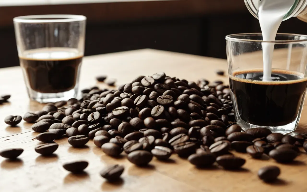 coffee bean visual texture A close-up of large irregularly shaped brown coffee beans scattered on a light wooden table next to a small glass cup of dark liquid with visible steam rising.