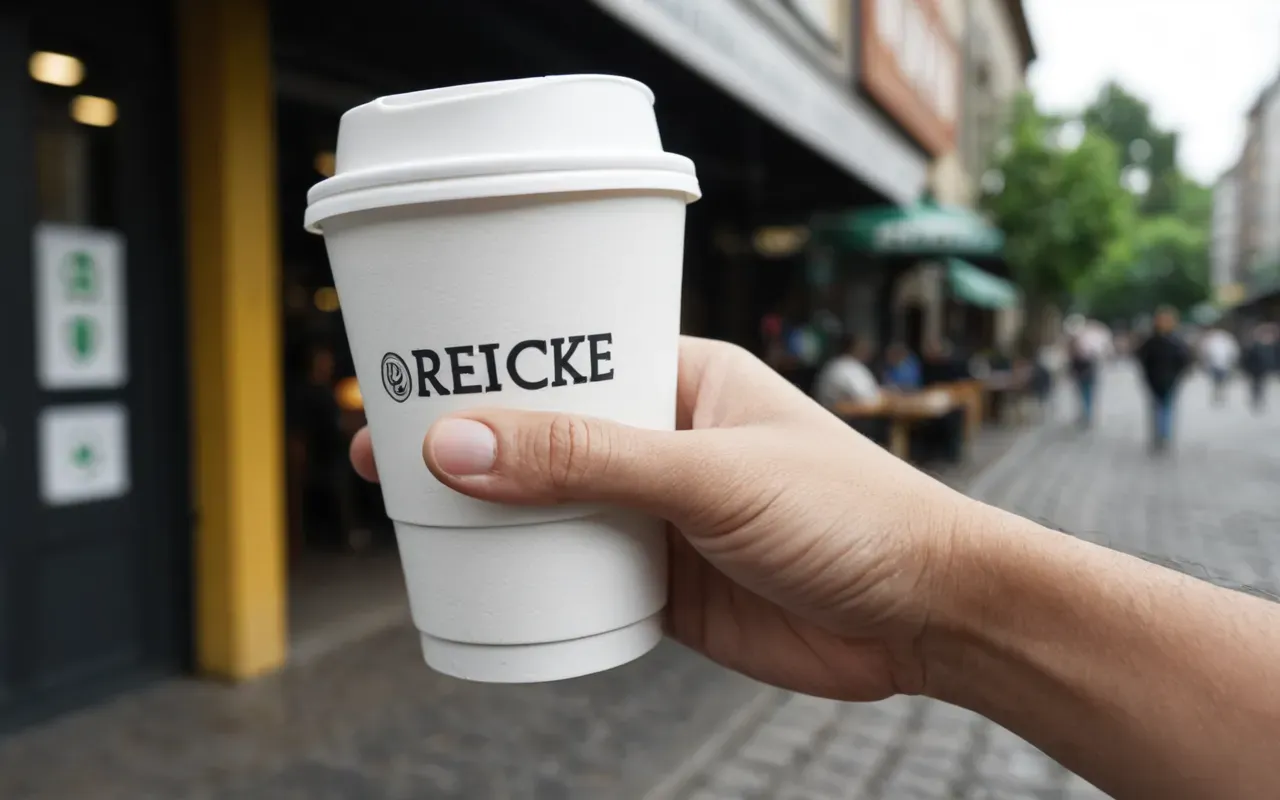 A close-up photo of a hand holding a white disposable coffee cup with a plastic lid in an outdoor urban setting. The background is softly blurred showing green trees and pavement. Natural daylight illuminates the scene with high contrast and sharp focus on the cup texture.
