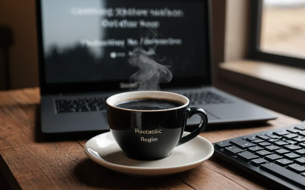 A close up photo of a steaming ceramic cup filled with black liquid on a wooden desk next to a laptop keyboard in soft morning light.