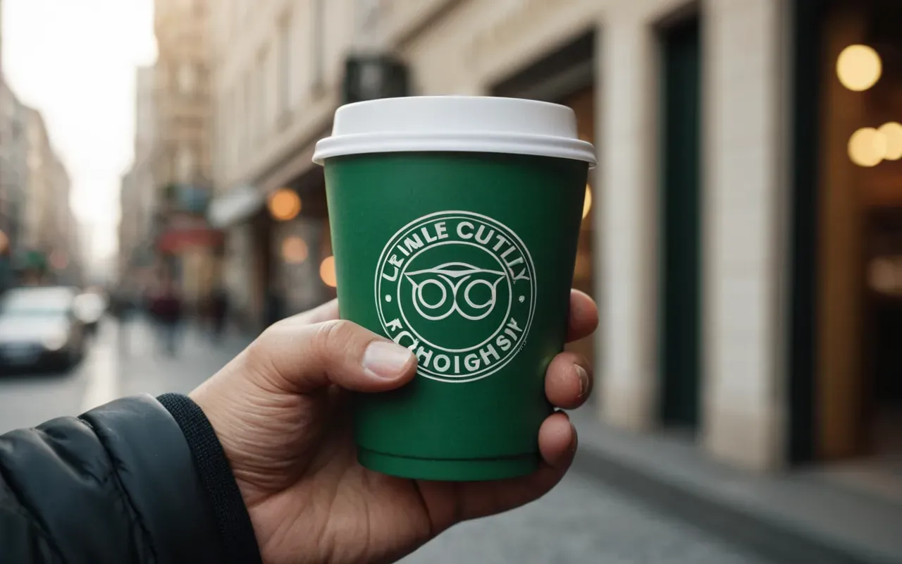 A close-up shot of a green coffee cup being held by two hands against a blurred urban background with soft morning light and warm tones showing the texture of the paper sleeve clearly.