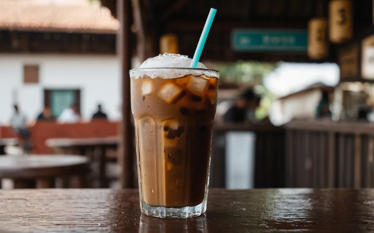 A close-up shot of a tall glass filled with iced coffee and coconut water. The liquid is light brown with ice cubes visible. A straw stands upright in the drink. Soft natural sunlight illuminates the scene from the left side.