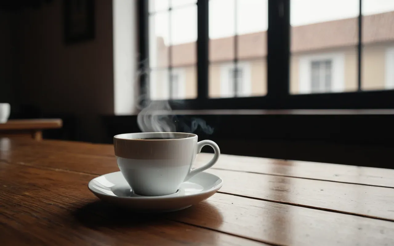 coffee shop ambiance A close up shot of a white ceramic cup filled with dark black coffee sitting on a wooden table near a window with soft natural light illuminating the steam rising from the liquid