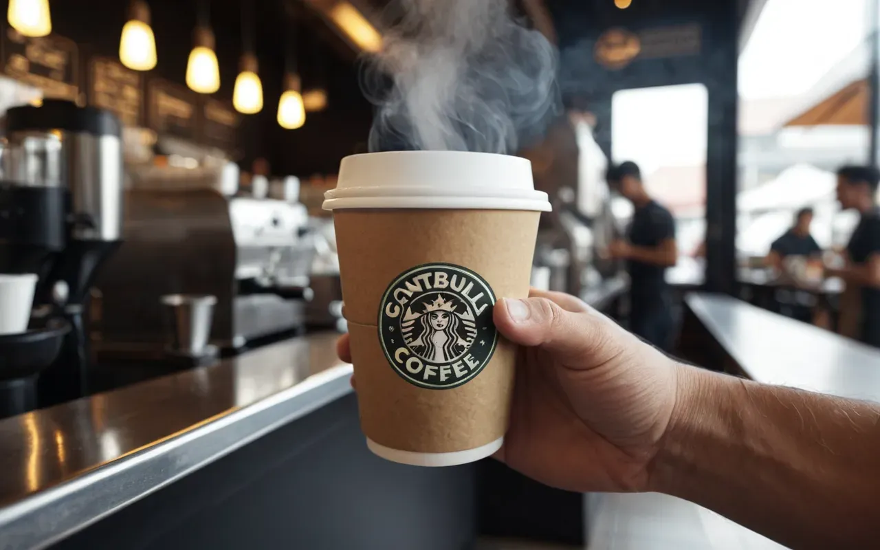 fresh black coffee morning A close-up view of a hand holding a paper cup with fresh black coffee, steam rising gently in the morning light. The background is a blurred modern cafe counter made of dark wood and stainless steel. No text or logos are visible on any surface.