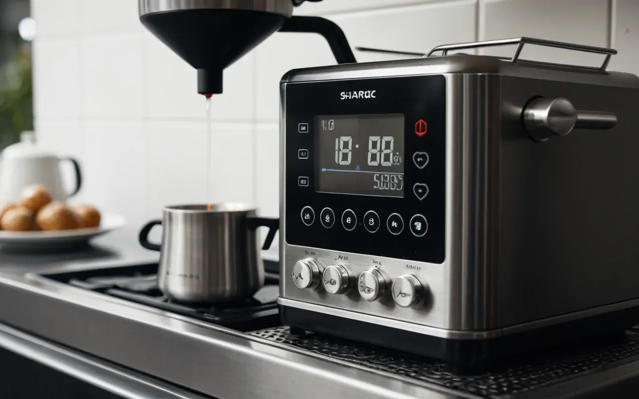 A digital thermometer displaying a precise number inserted into the spout of a silver espresso machine with steam rising from the group head in a minimalist kitchen setting.
