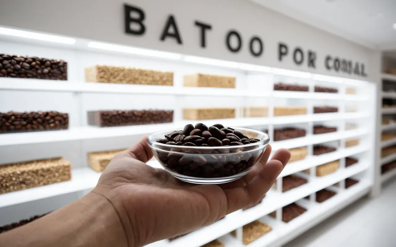 A hand holding a small glass bowl containing three different colored coffee beans under bright white studio lighting with a blurred background showing shelves of empty clear glass jars.