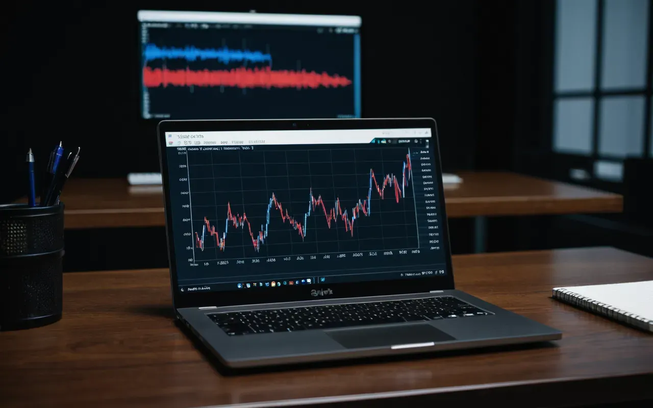 data analysis visualization A laptop screen displaying a complex graph with red and blue lines trending upward against a dark background while sitting on a desk next to a notebook and pen holder in an office setting