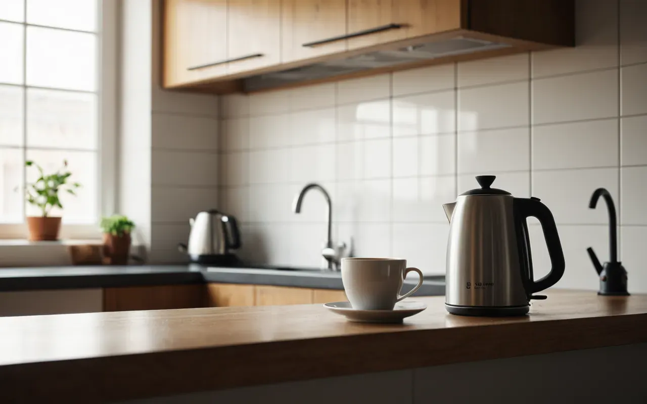A minimalist kitchen counter with a single glass coffee cup and a simple kettle in warm morning light.