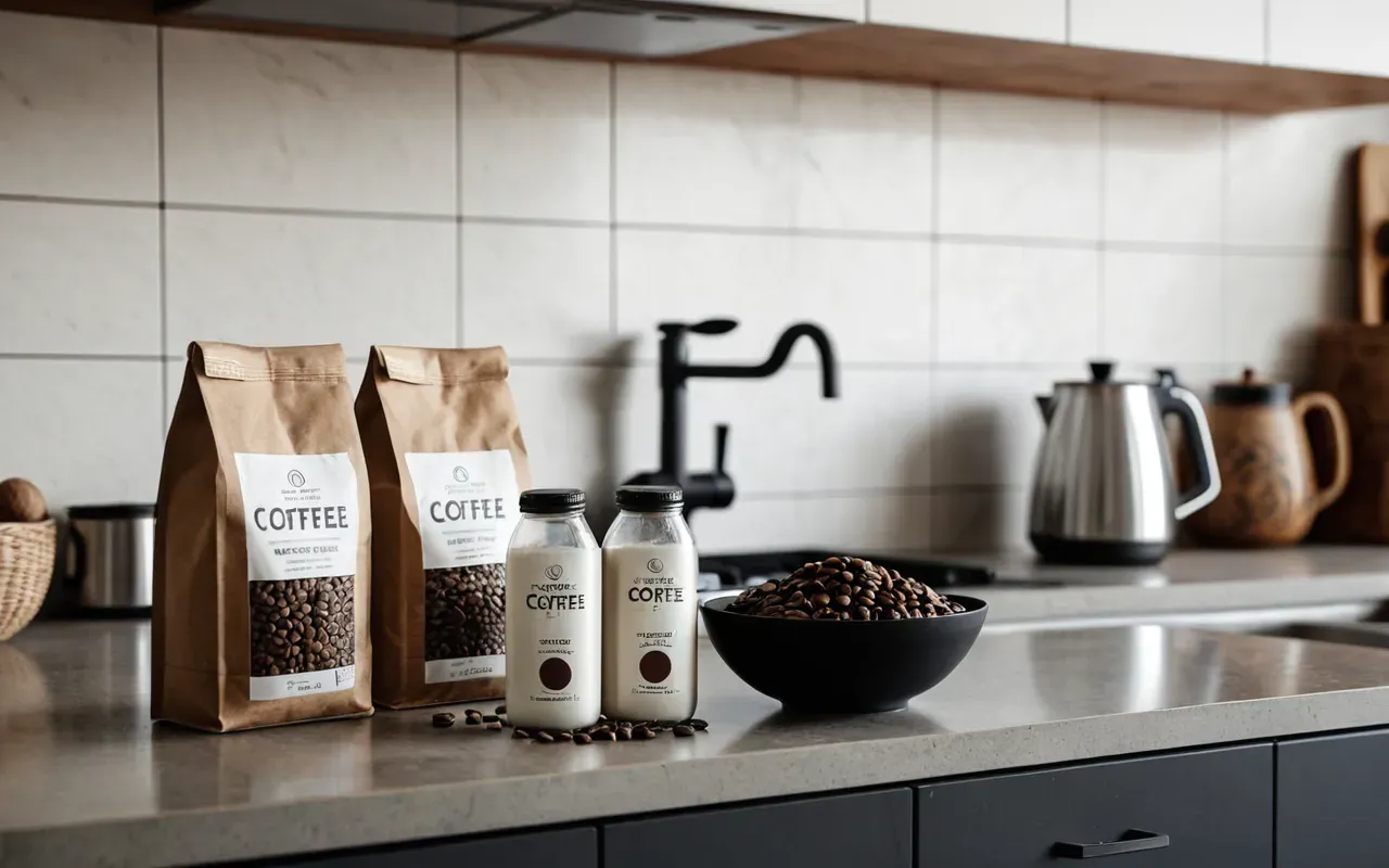 A modern kitchen counter with a bag of raw coffee beans and a carton of coconut water placed side by side. A small scale sits nearby for measuring ingredients. The background is blurred to focus on the products.