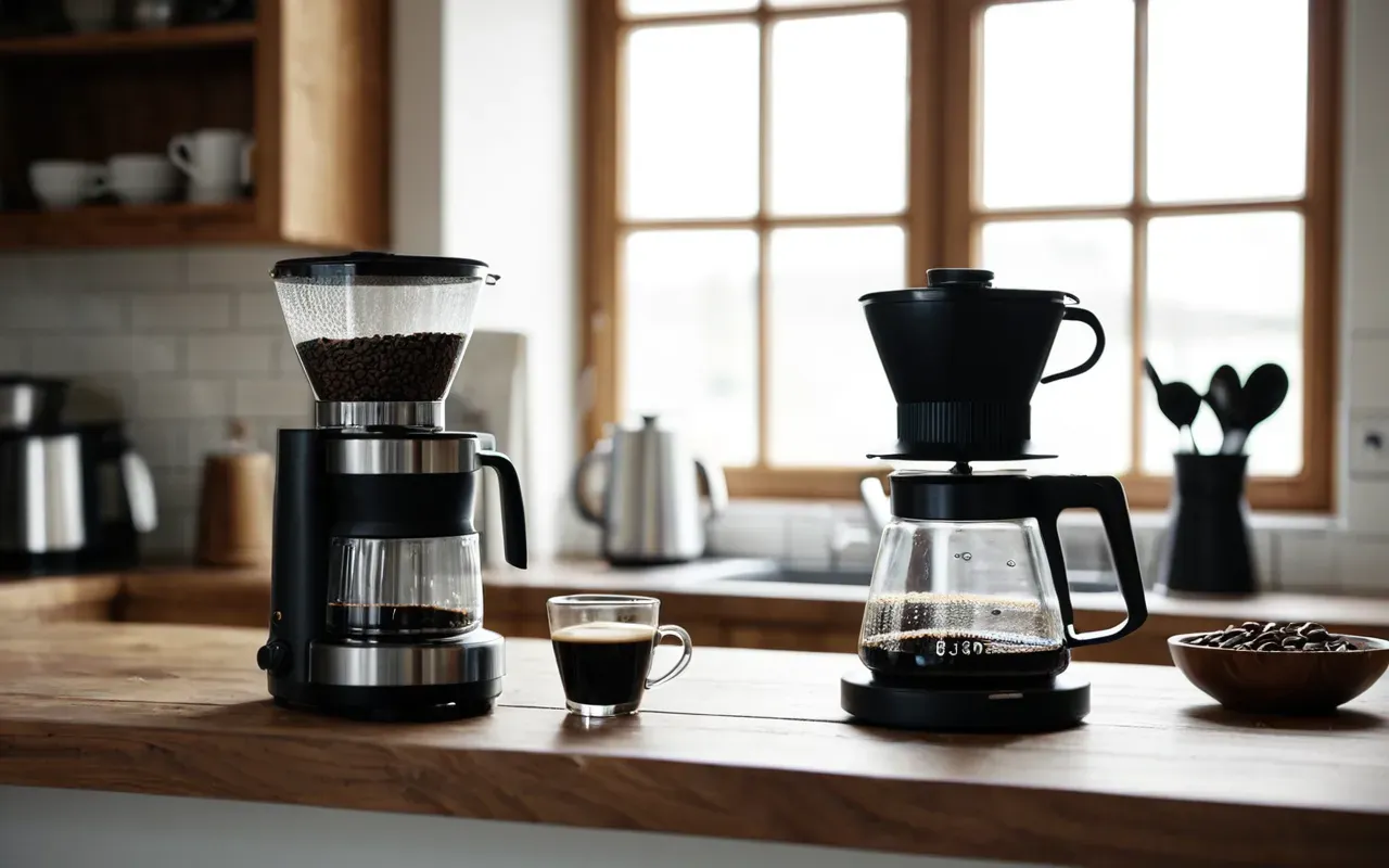 manual burr grinder home setup A modern kitchen counter with a manual burr grinder and a glass carafe of pour-over coffee. Natural light streams from a large window onto the wooden surface. The scene is clean, organized, and focused on the brewing equipment without any visible branding or labels.
