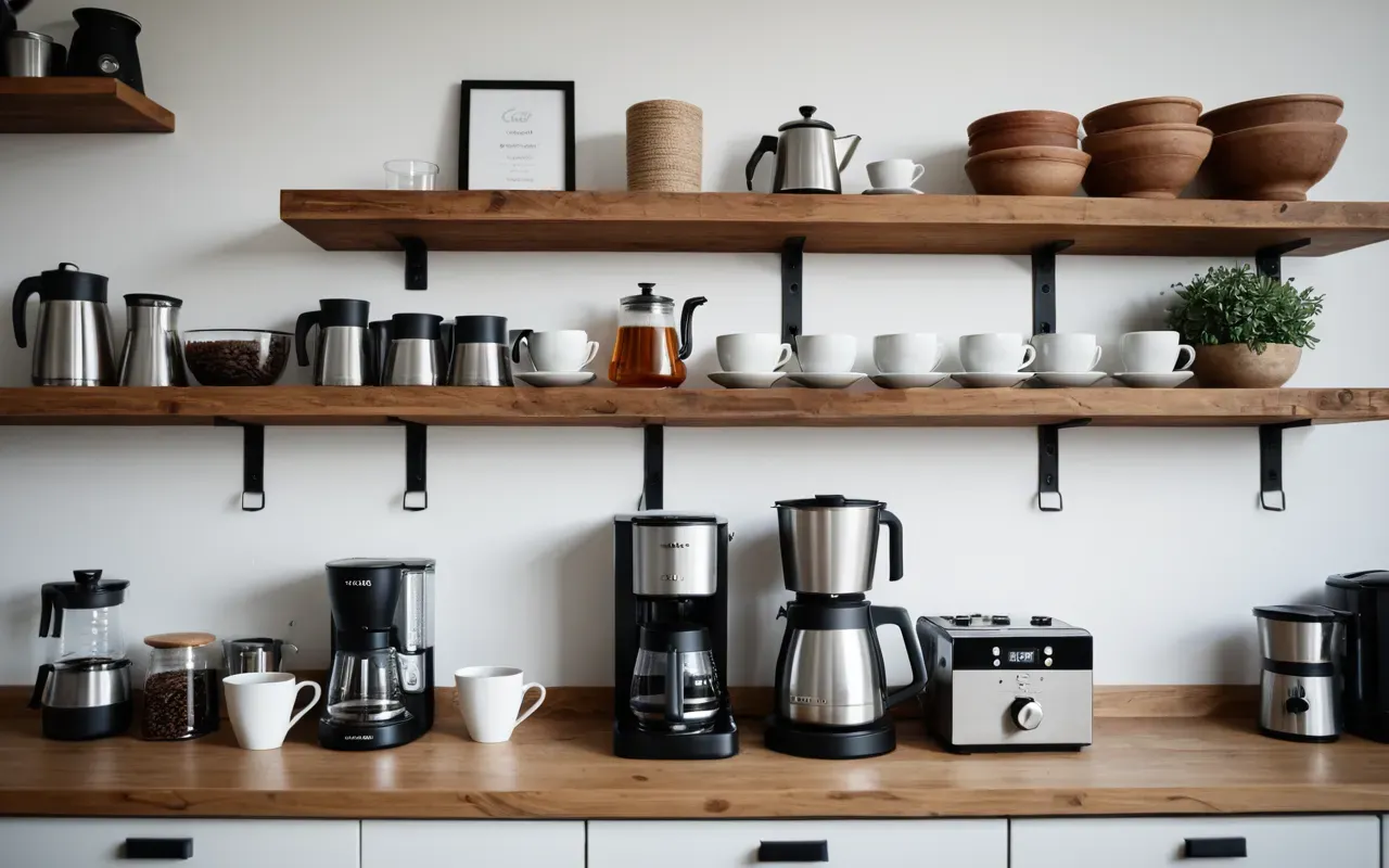 A modern kitchen shelf displaying various coffee brewing equipment including a kettle, grinder, and glass carafe in clean white light.
