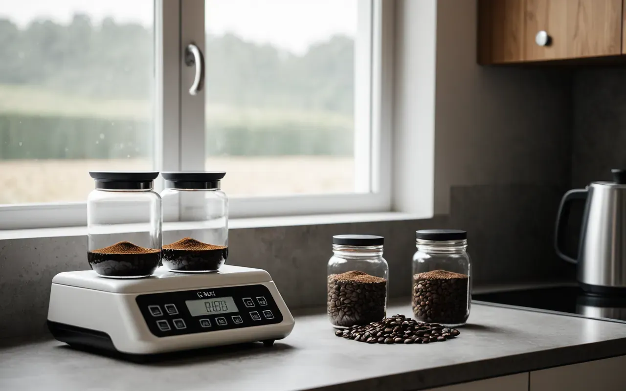 A modern minimalist kitchen counter with a digital scale and two glass jars filled with roasted coffee beans near a window.