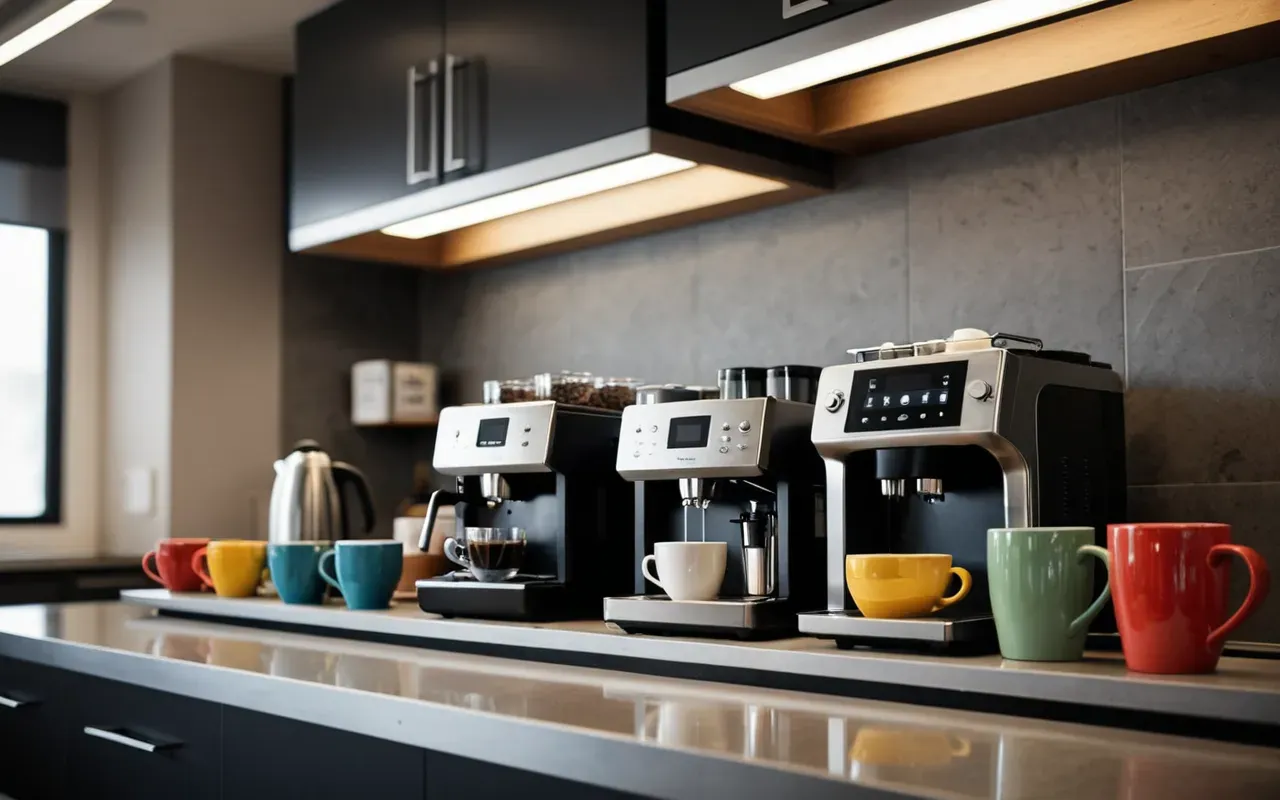 A modern office kitchen area with a stainless steel coffee machine and several colorful mugs lined up on the counter under bright artificial lighting.
