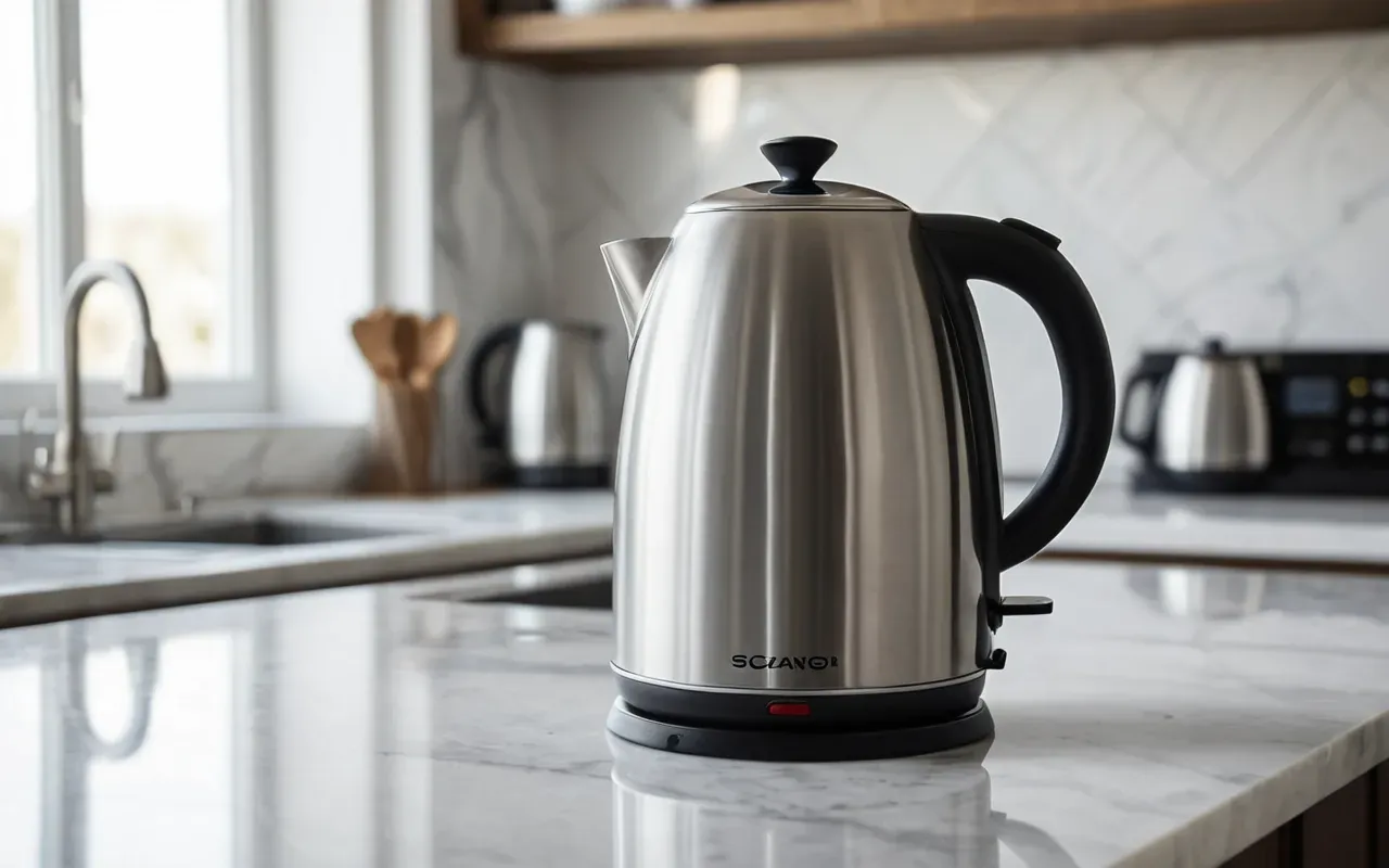 A modern stainless steel kettle pouring hot water into a glass carafe on a clean white marble countertop with natural morning light streaming through a large window in the background creating soft shadows.