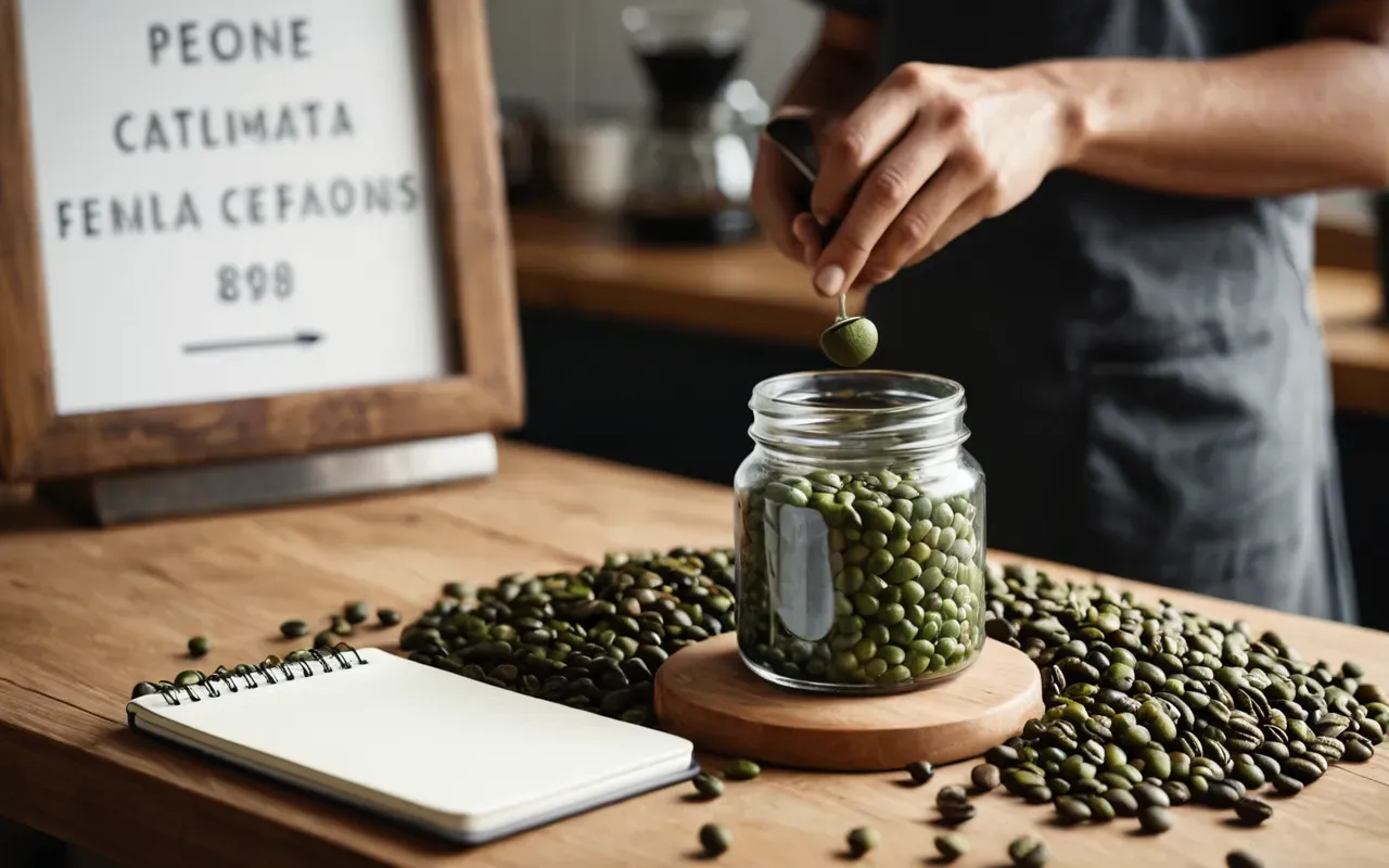 coffee bean selection process A person holding a small glass jar filled with green unroasted coffee beans above a wooden counter with a metal scale and a notebook nearby.