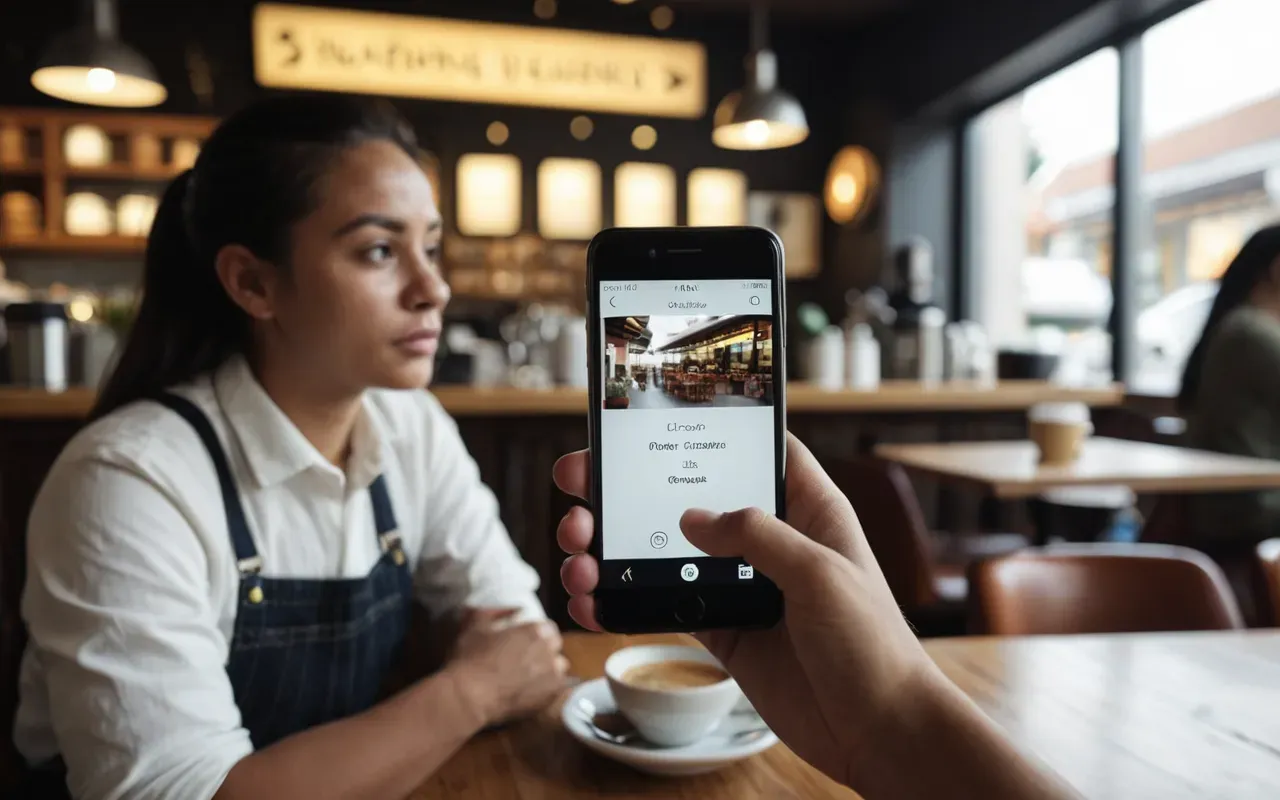 social media consumption A person holding a smartphone with both hands looking at the screen with a confused expression while sitting in a modern cafe with blurred background elements and warm lighting