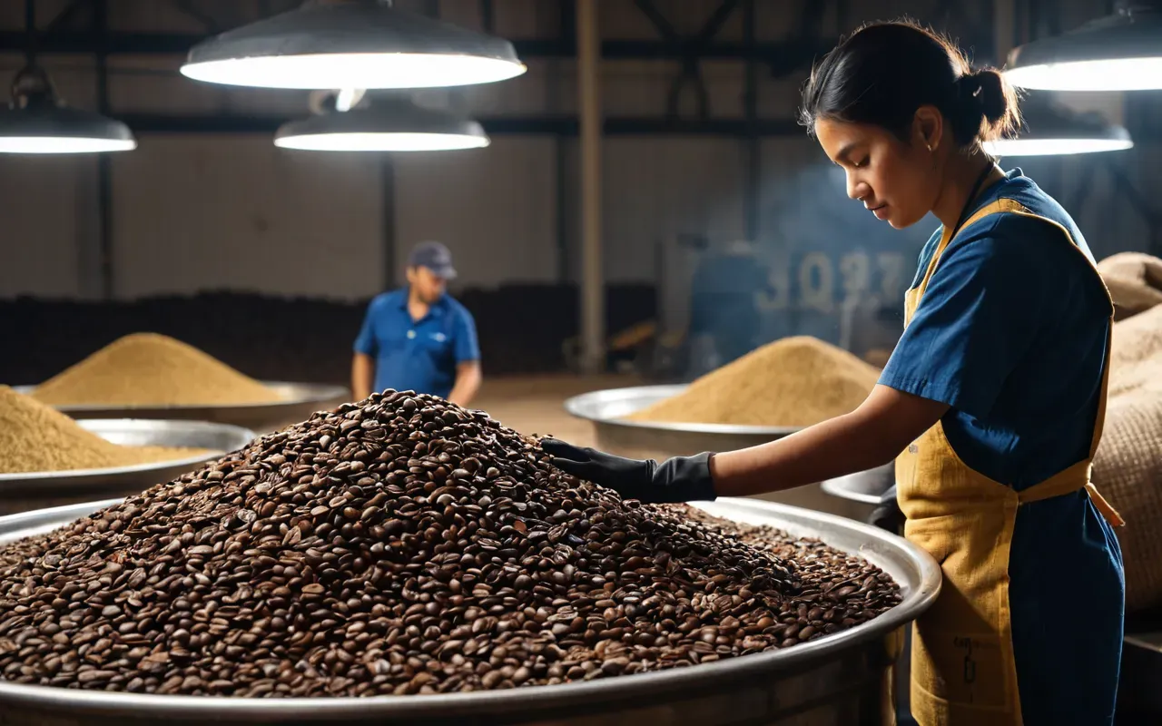 A person in work gloves sorting dried coffee beans on a large metal tray under bright industrial lighting with stacks of burlap sacks in the background.