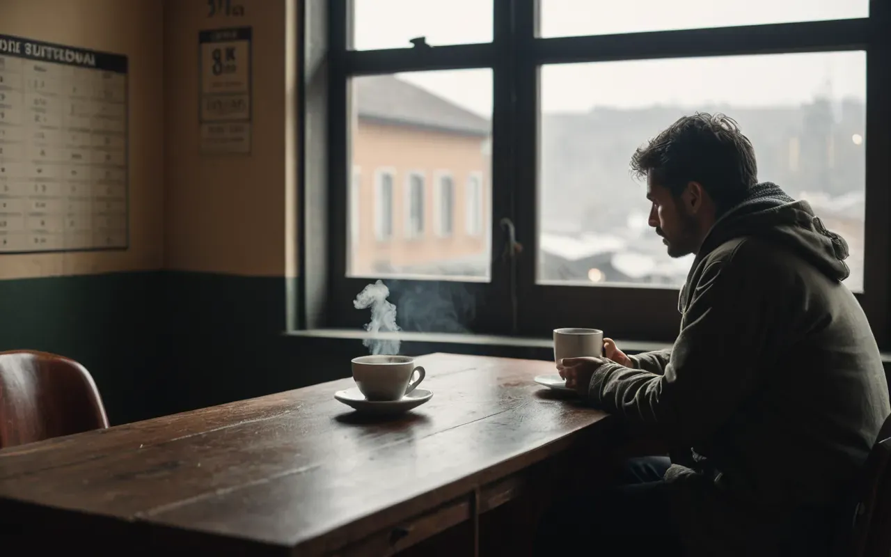 A person sitting at a desk looking out a window with a steaming cup in hand during a quiet morning moment.