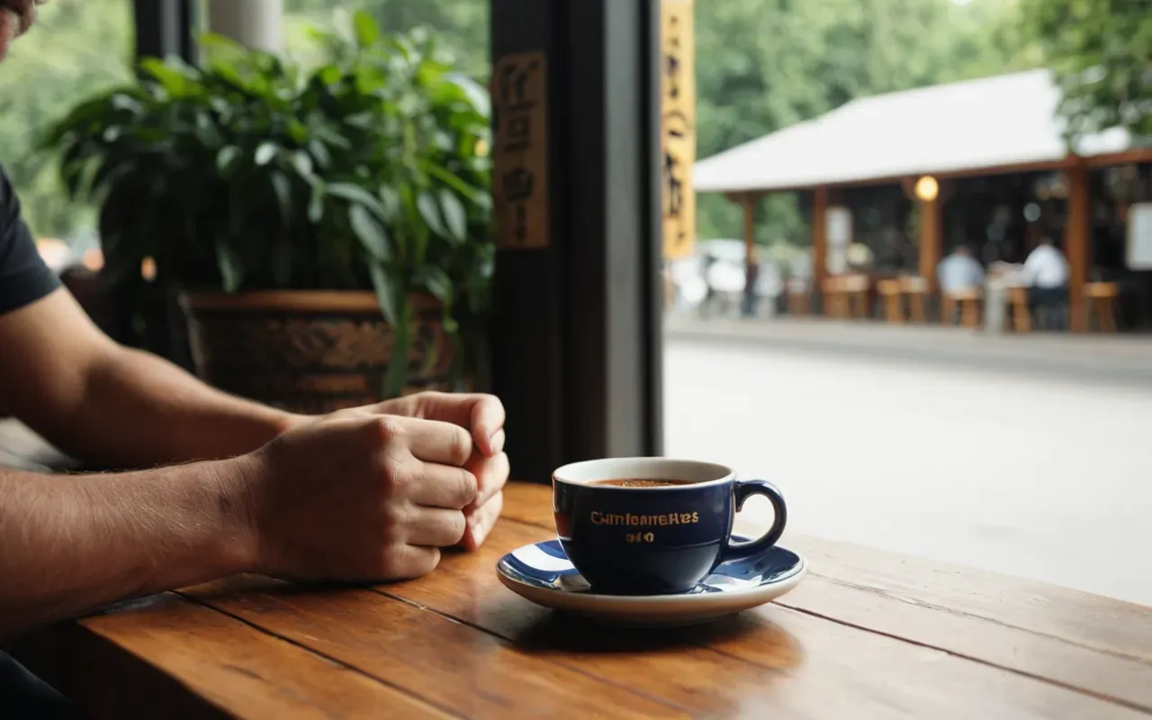 A person sitting at a wooden table in a bright cafe holding a ceramic mug with both hands. The background shows blurred greenery through the window and soft shadows cast by sunlight on the floor. The focus is sharp on the steam rising from the hot beverage creating a cozy relaxed mood.