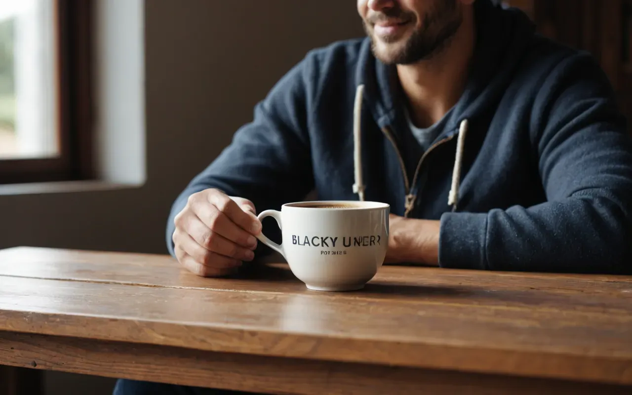 A person sitting at a wooden table looking relaxed while holding a simple ceramic coffee cup in soft daylight.