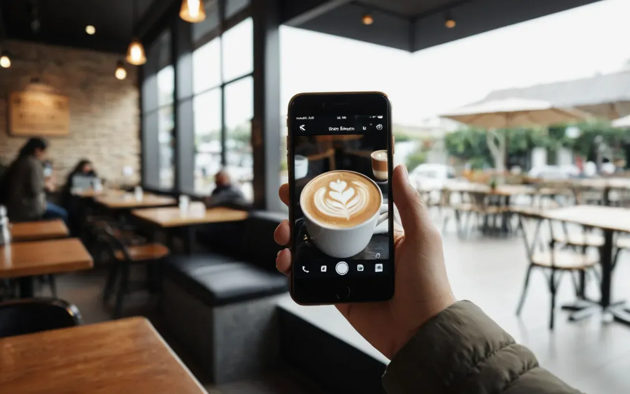 A person using a smartphone to take a photo of a layered latte in a modern cafe with natural light and minimal decor.