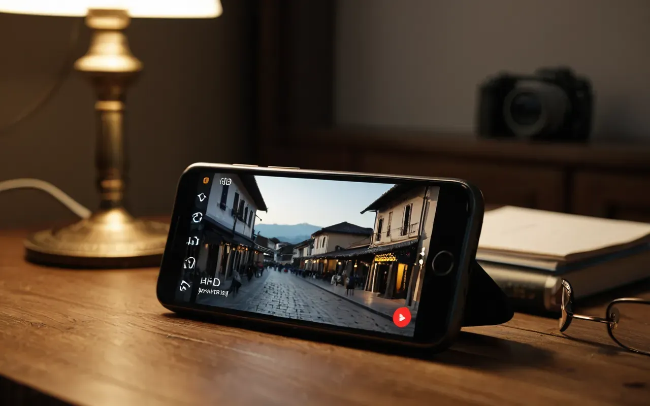 digital device reflection A smartphone lying flat on a wooden surface with the screen off reflecting the ambient light from a nearby lamp while a pair of glasses rests beside it in a quiet indoor setting