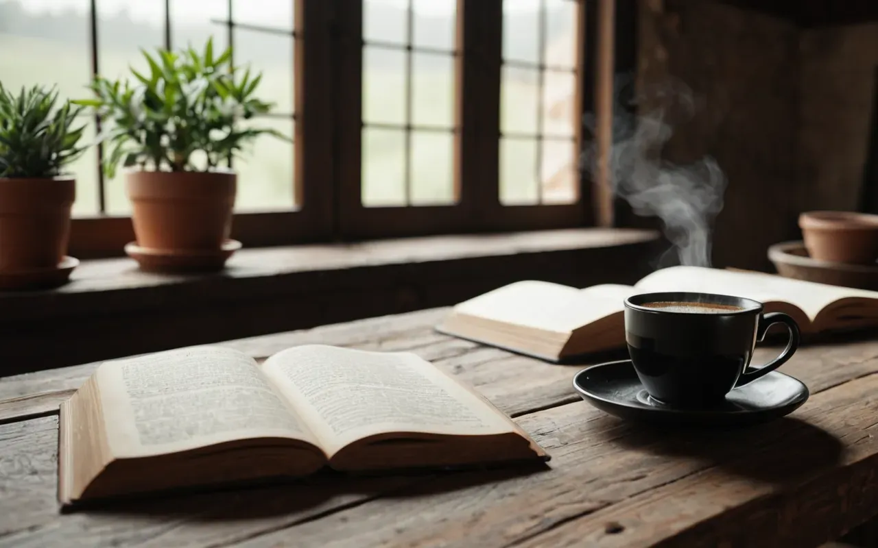 A steaming cup of black coffee sitting on a rustic wooden table next to an open book and a small potted plant in soft natural light.