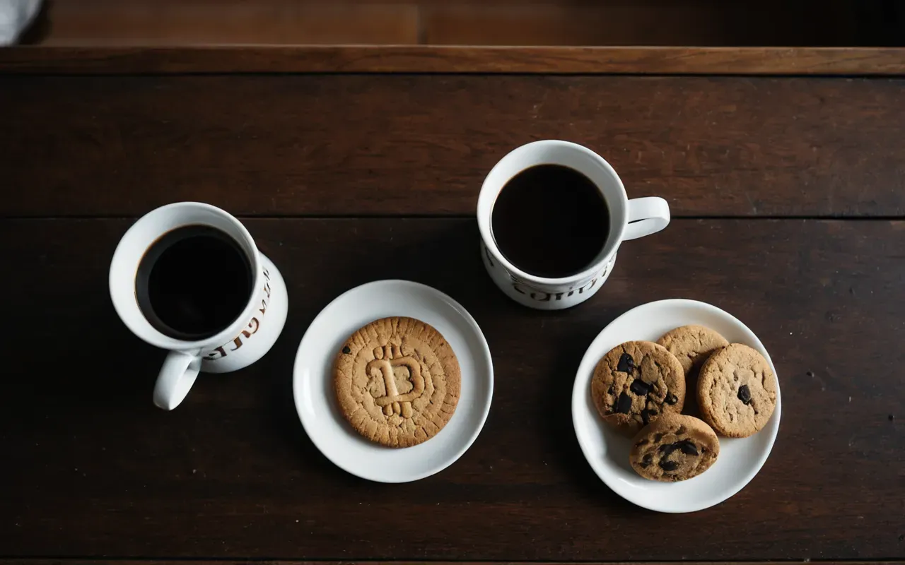 A top-down view of a wooden table with two ceramic coffee cups filled with dark liquid and a small plate of plain cookies placed between them under warm indoor lighting.
