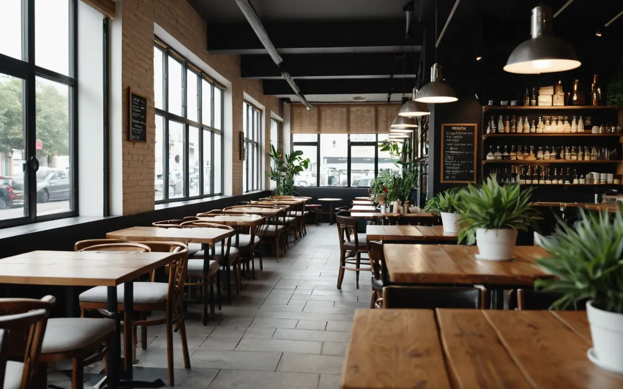 A wide shot of a modern cafe interior with large windows letting in natural light showing rows of wooden tables and chairs with potted plants on the shelves creating a calm atmosphere without any visible people.